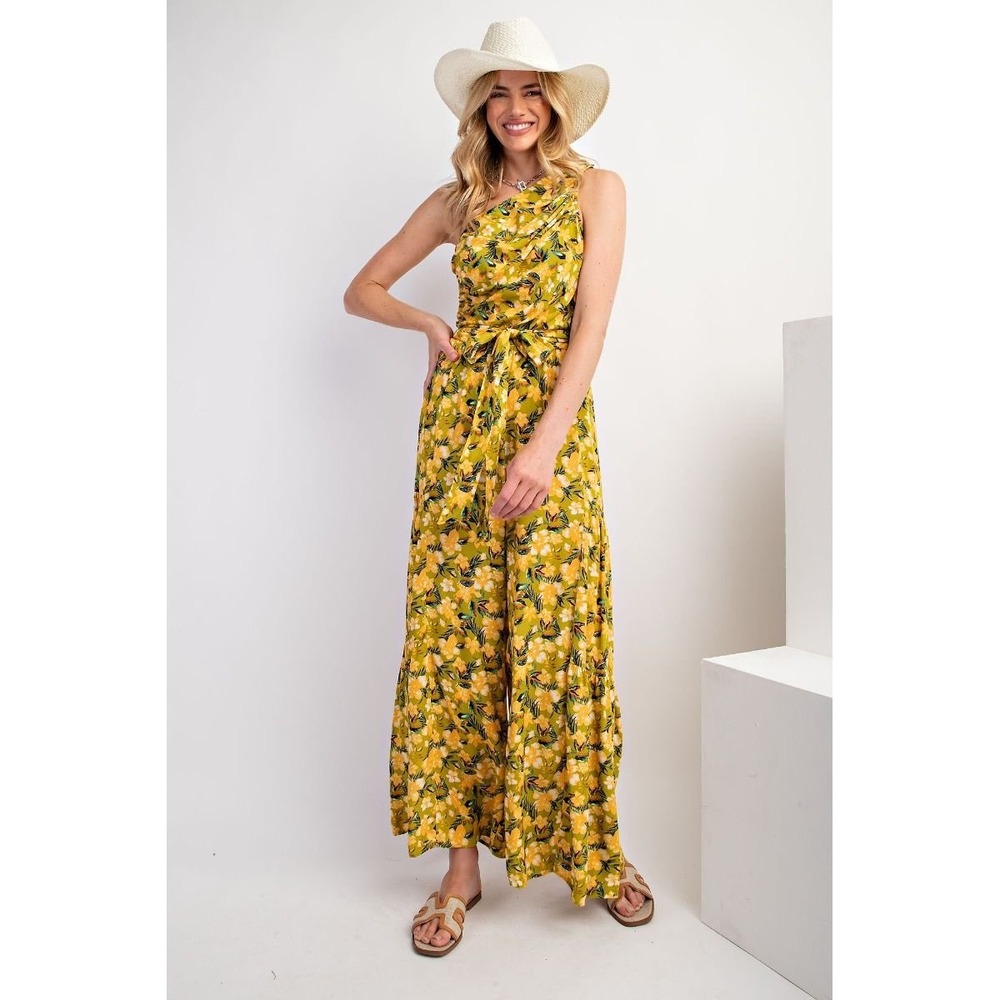 Easel Yellow Floral One Shoulder Wide Leg Jumpsuit Rayon Gauze Tie Waist LARGE